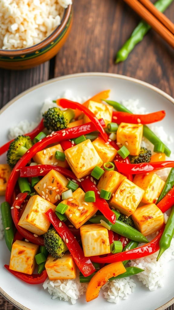 Stir-fried tofu and vegetables in a colorful arrangement, garnished with sesame seeds and green onions on a wooden table.